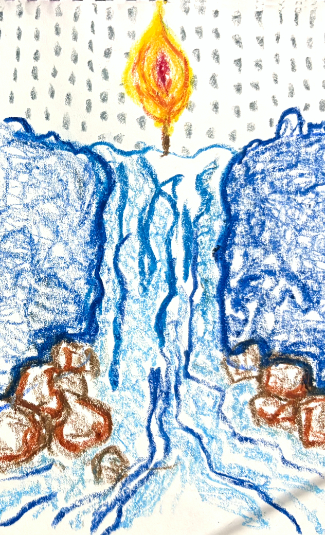 Crayon drawing of a candle flame above a waterfall
