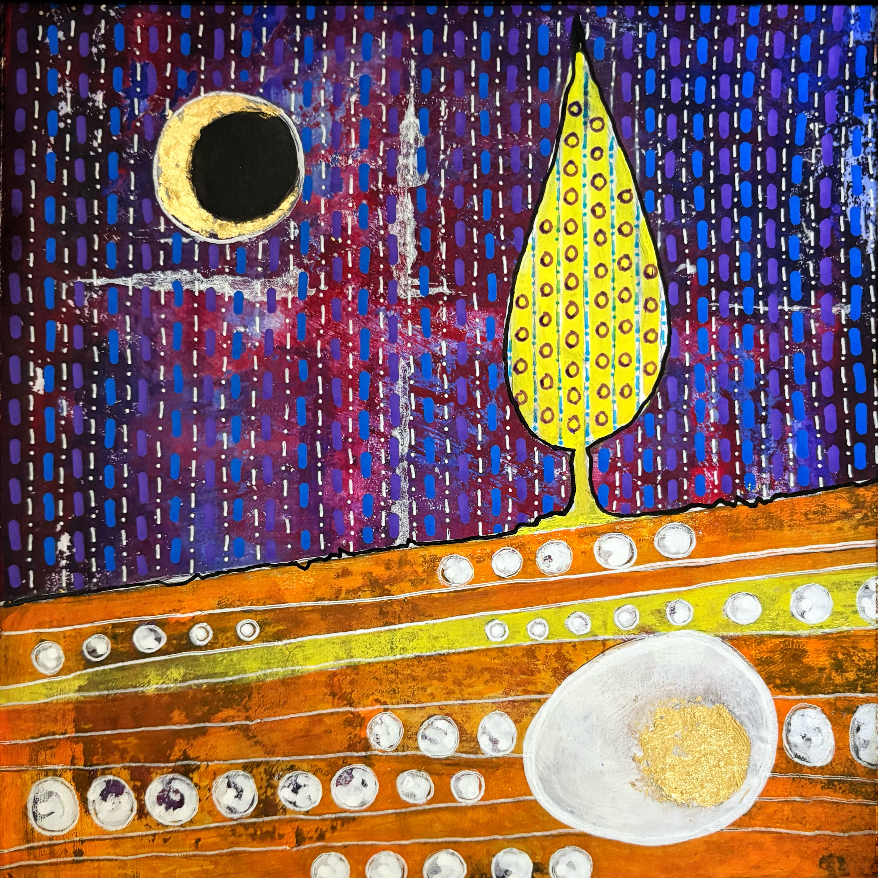 Mixed-media painting with a gold crescent moon, a yellow tree, and a golden seed